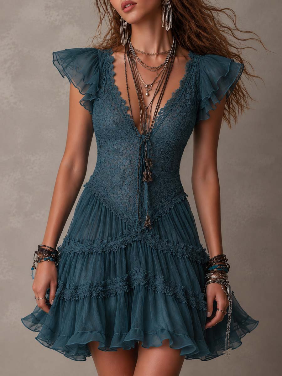 Delphine | Mini-robe à volants en dentelle et mousseline bleu rétro