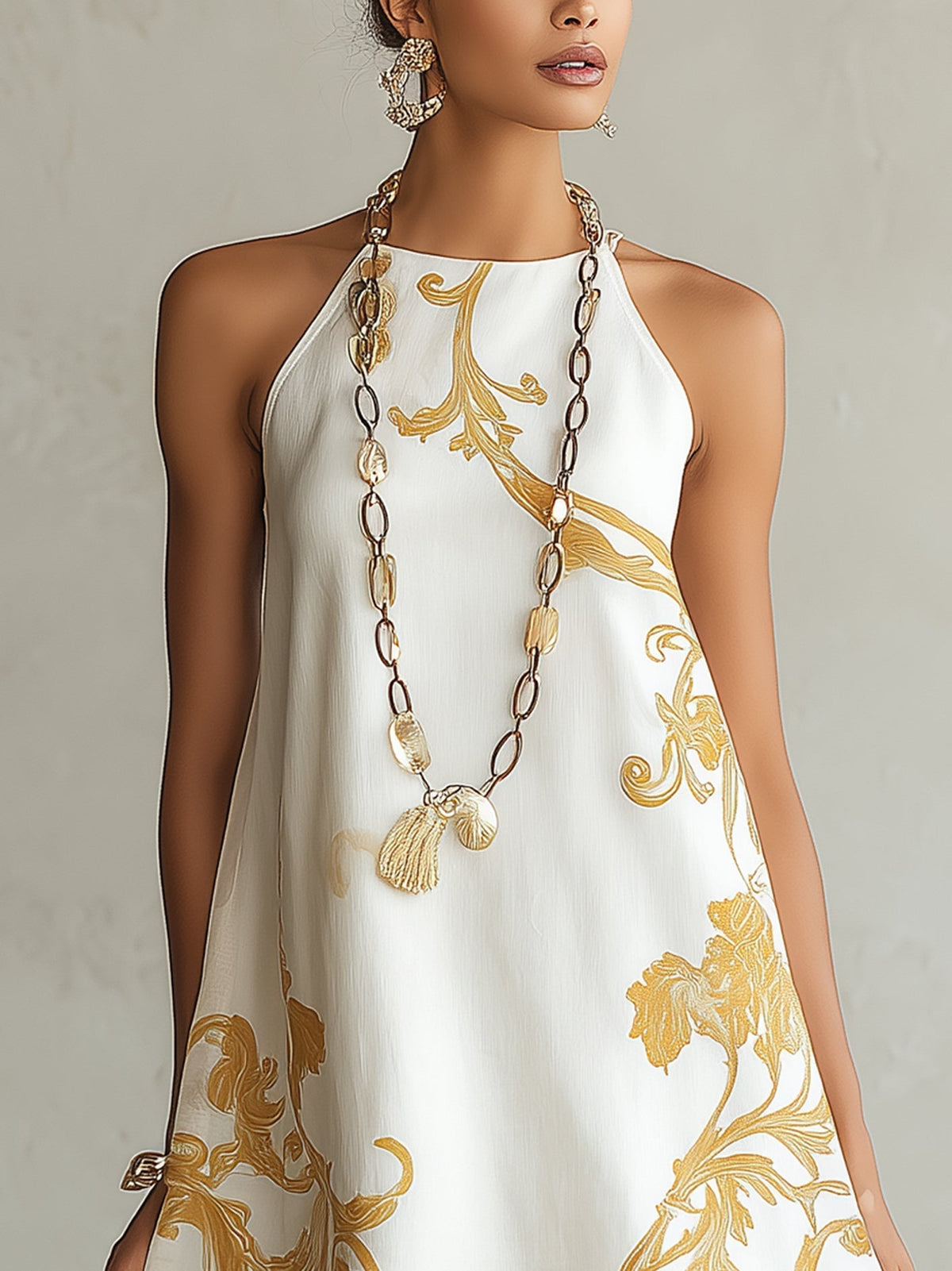 Héloïse | Robe courte en dentelle blanche à motifs dorés
