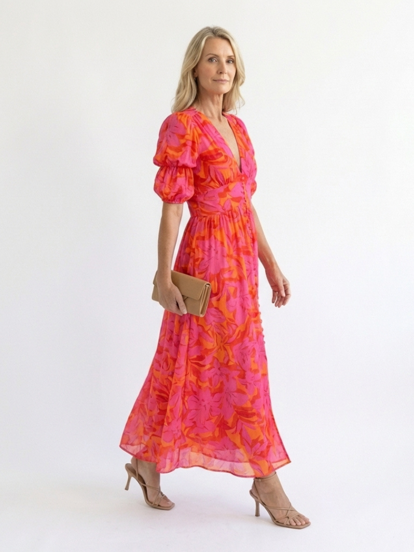 Isabella | Floral V Neck Puff Sleeve Midi Dress