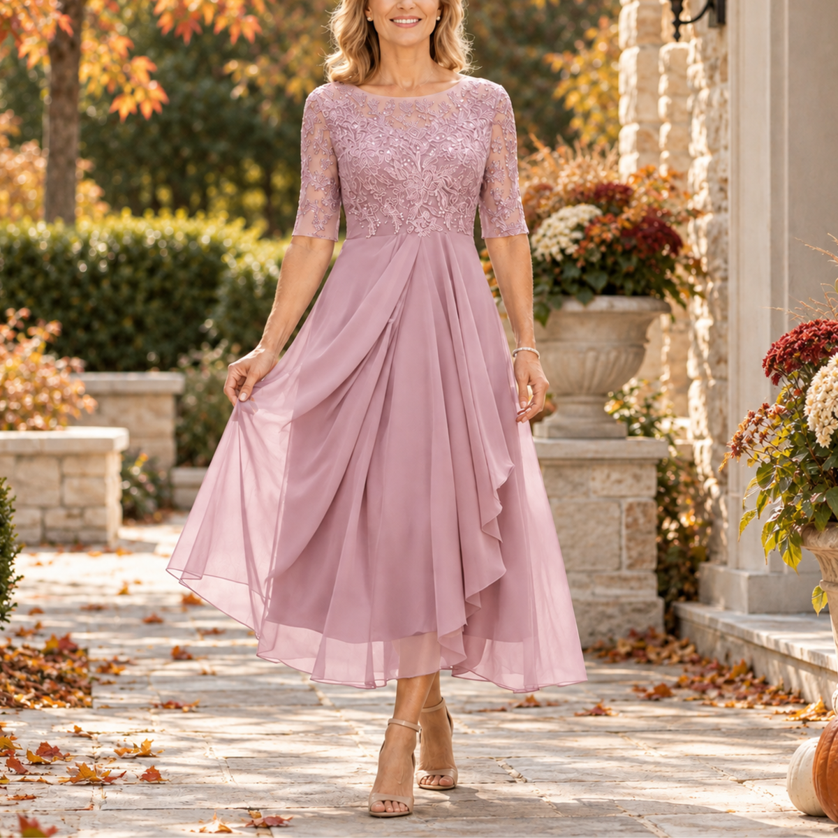 Avilla | Lace Bodice Draped Midi Dress