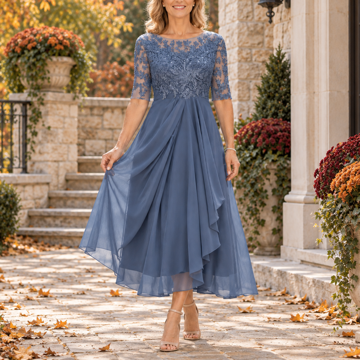 Avilla | Lace Bodice Draped Midi Dress