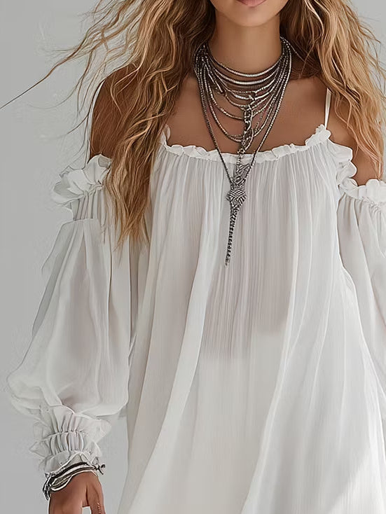 Mélusine | Robe mini fluide style bohème à épaules dénudées