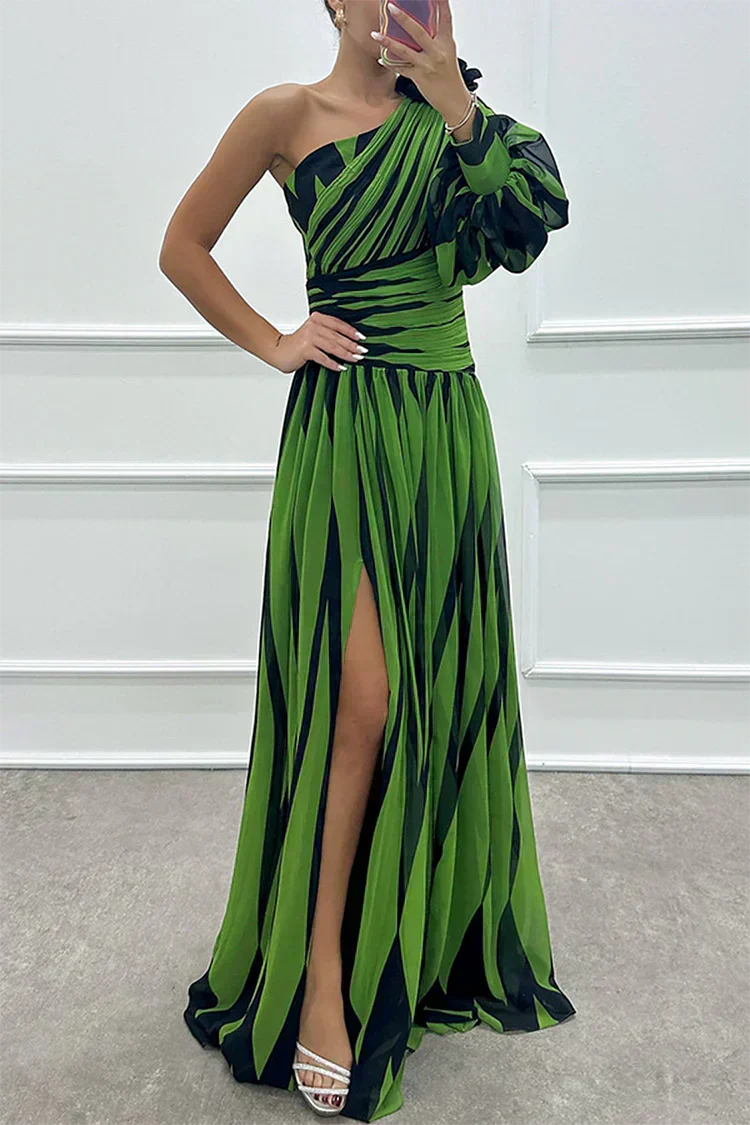 Isis |Elegant Striped Maxi Dress with One Shoulder