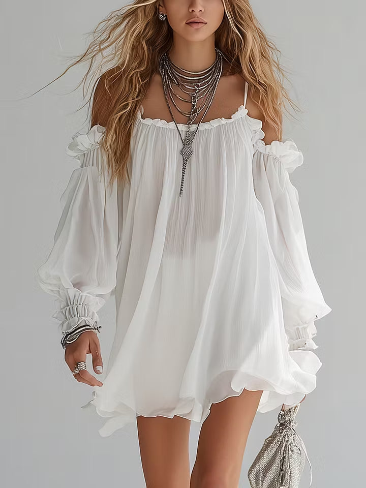 Mélusine | Robe mini fluide style bohème à épaules dénudées