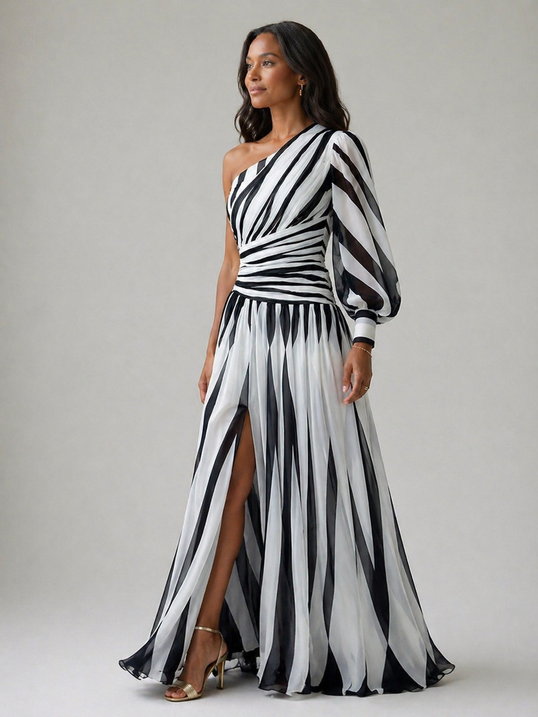 Isis |Elegant Striped Maxi Dress with One Shoulder