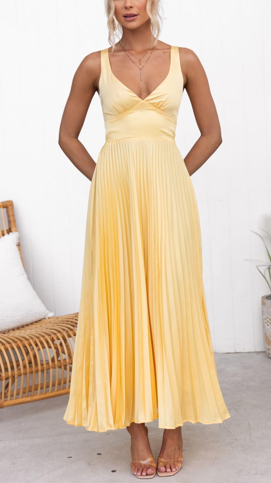 Victoria | Pleated V-Neck Maxi Dress