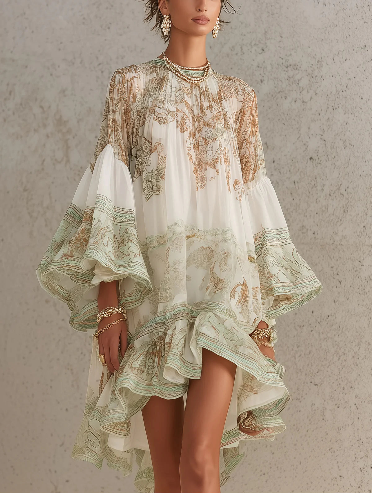 Rosalie | Robe courte en mousseline à manches volantées et ourlet rayé vert