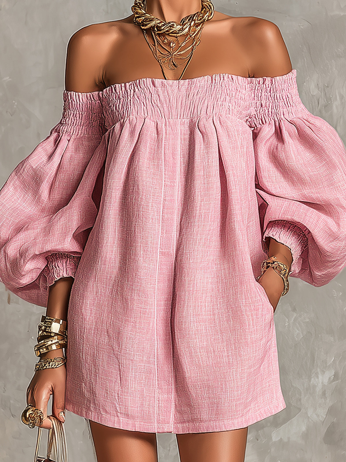 Violette | Robe trapèze courte rose à manches ballon et épaules dénudées