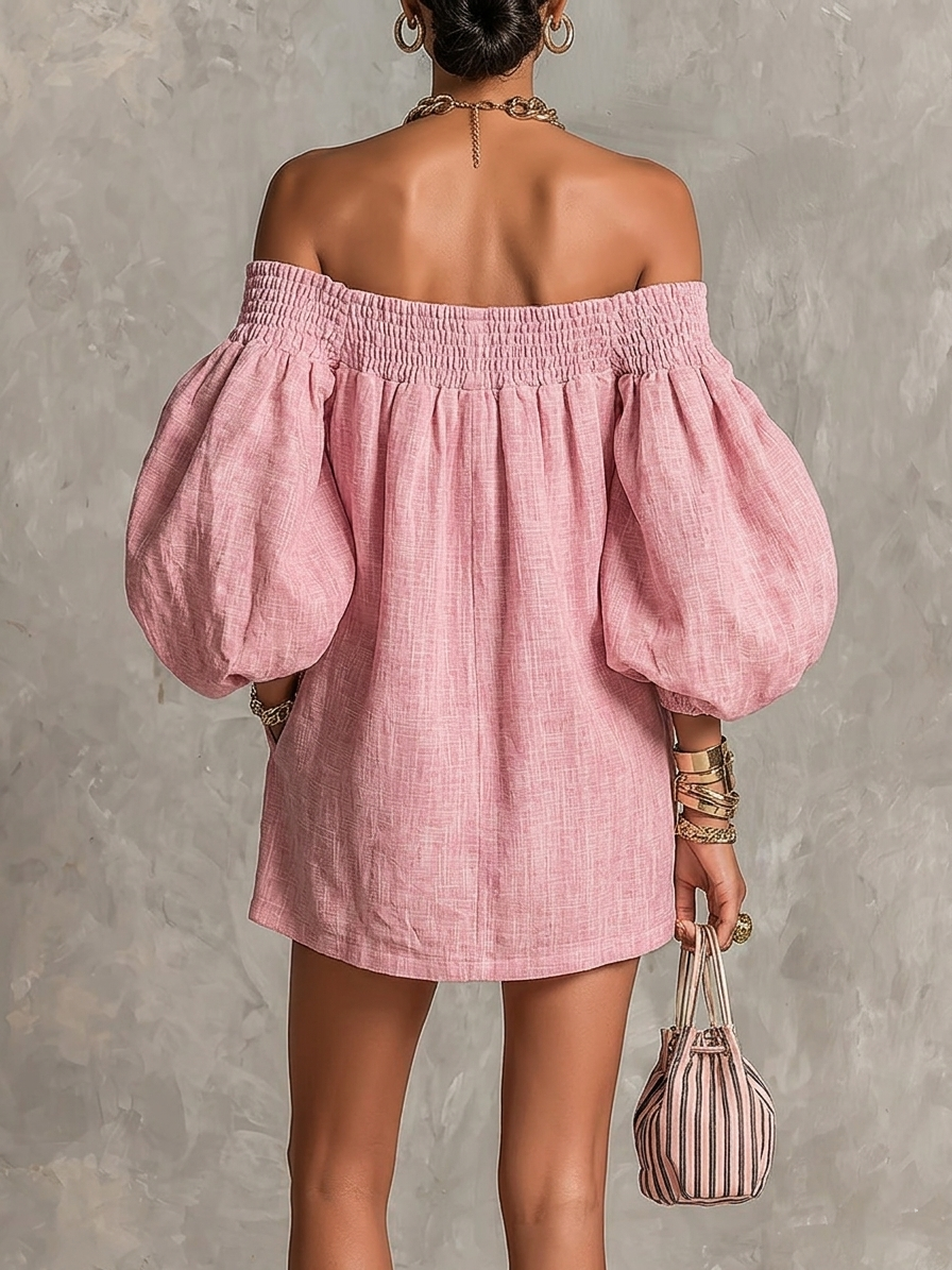 Violette | Robe trapèze courte rose à manches ballon et épaules dénudées