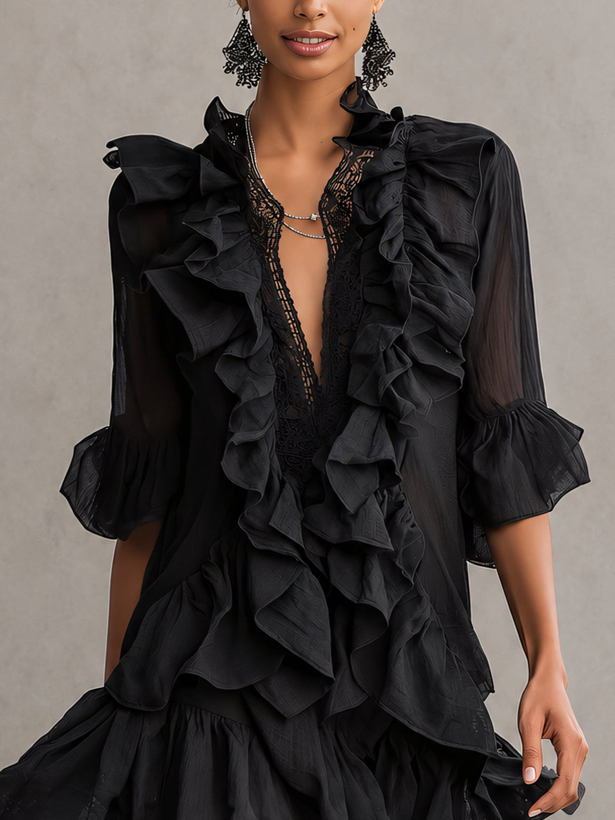 Anaïs | Robe courte à volants en mousseline noire
