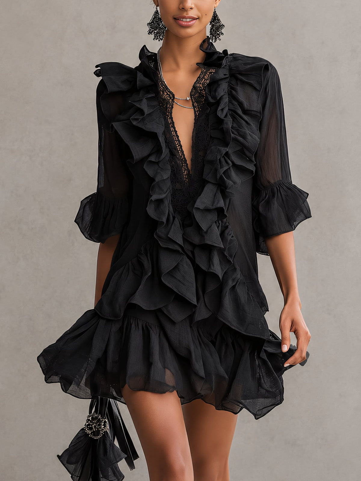 Anaïs | Robe courte à volants en mousseline noire