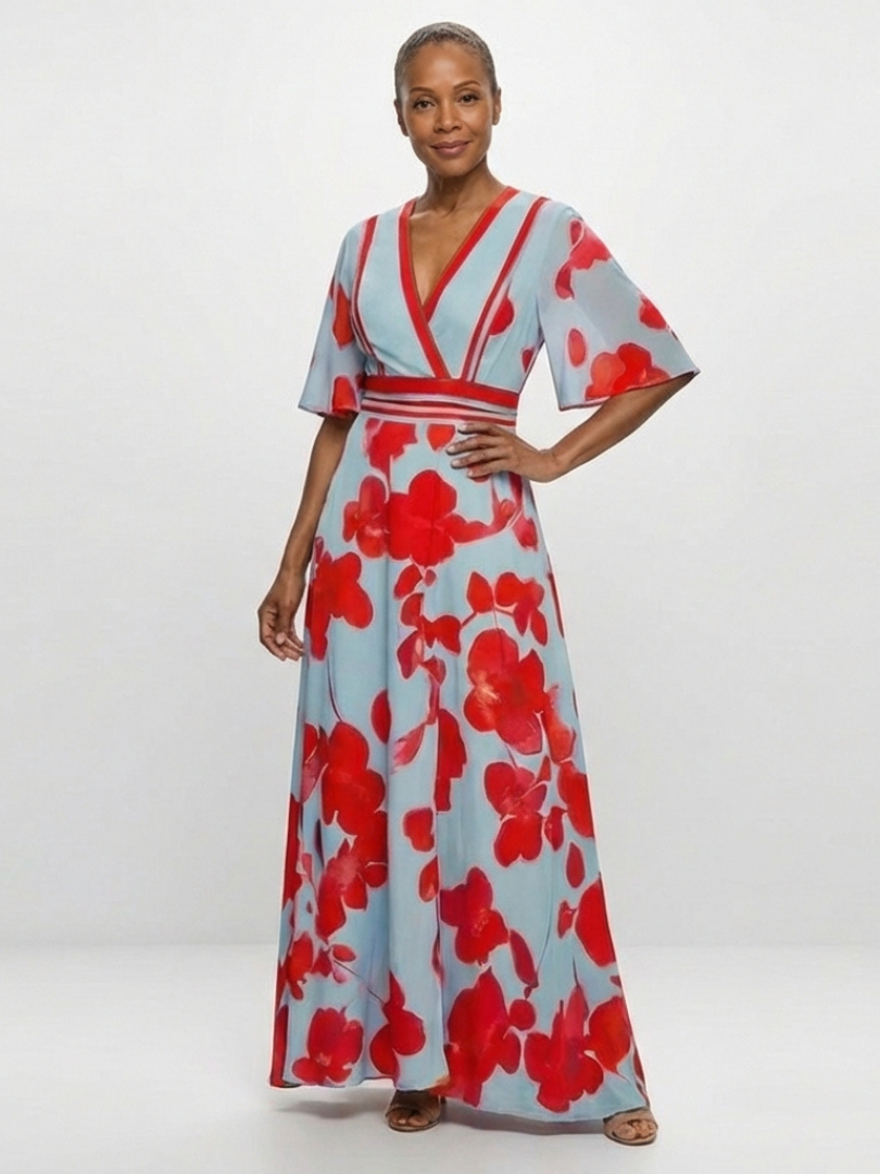 Robe fleurie à col en V et manches courtes