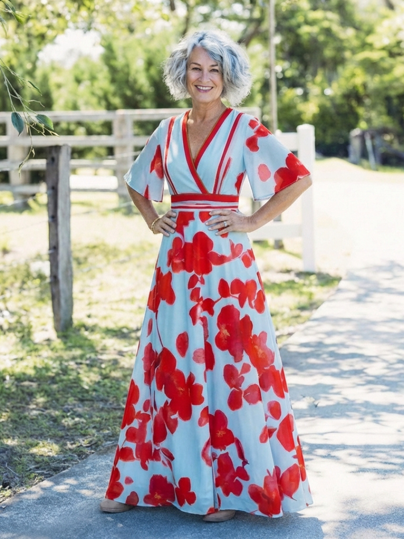 Robe fleurie à col en V et manches courtes