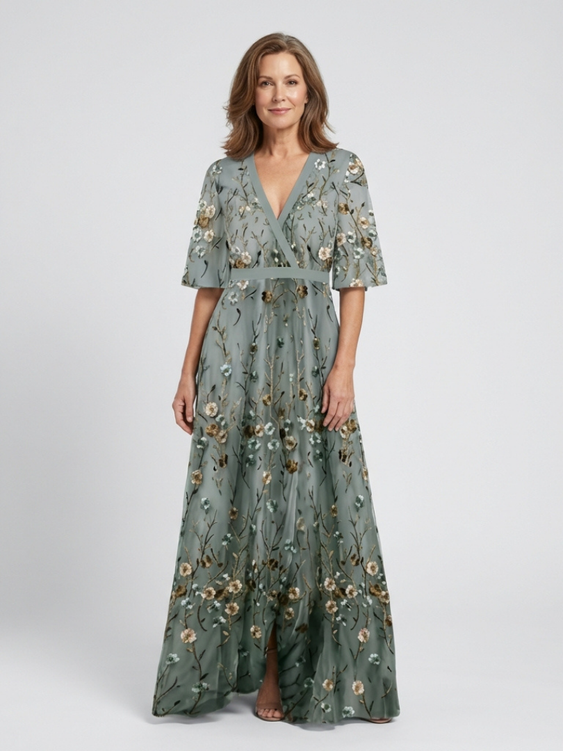 Elisabeth | Floral V Neck Short Sleeve Maxi Dress