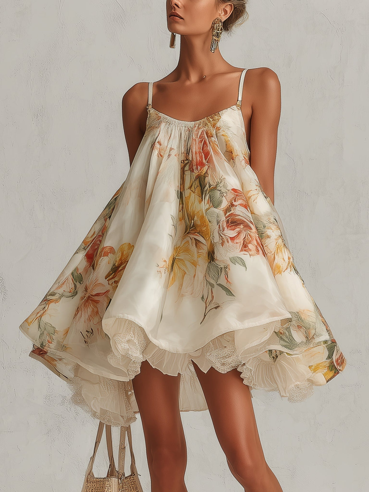 Blanche | Robe trapèze courte en organza à fleurs beige avec bordure en dentelle