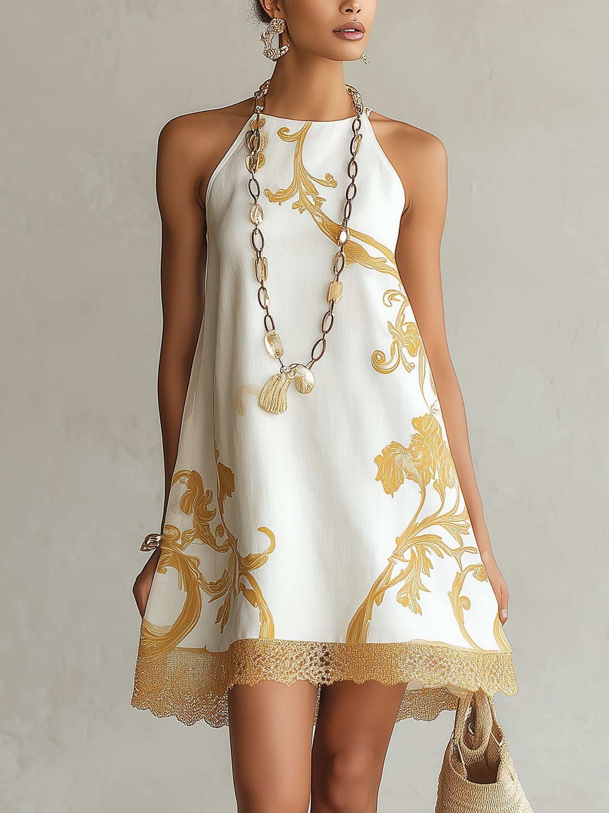 Héloïse | Robe courte en dentelle blanche à motifs dorés