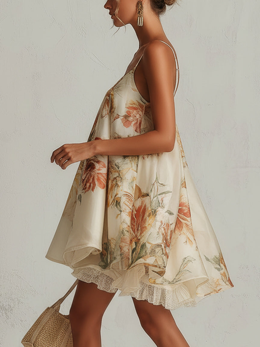 Blanche | Robe trapèze courte en organza à fleurs beige avec bordure en dentelle