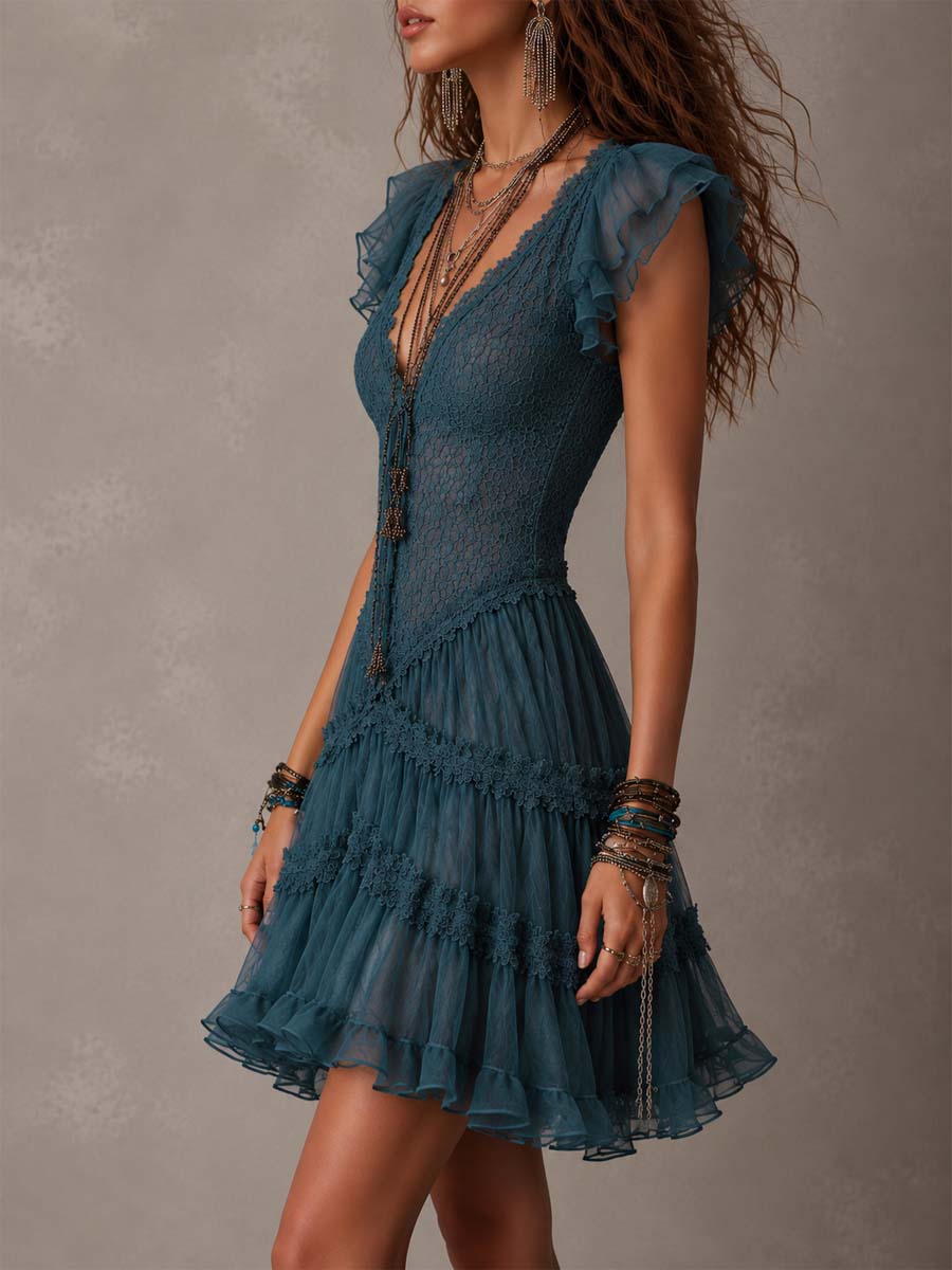 Delphine | Mini-robe à volants en dentelle et mousseline bleu rétro