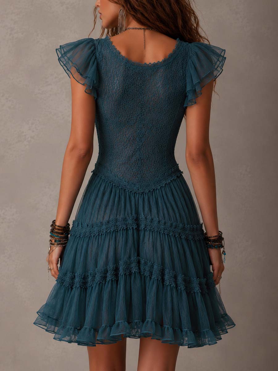 Delphine | Mini-robe à volants en dentelle et mousseline bleu rétro