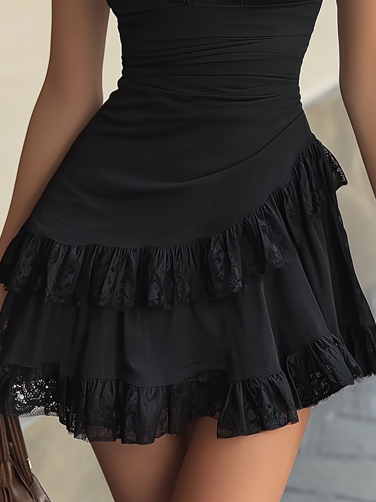 Estelle | Black Lace Ruffle Mini Dress with Plunge Neck