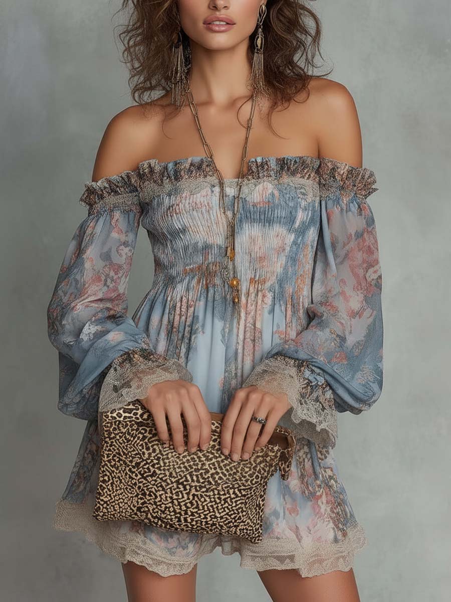 Romane | Robe courte en mousseline froncée à épaules dénudées et fleurs romantiques