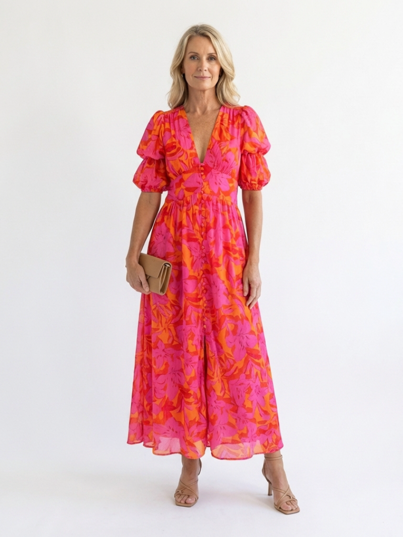 Isabella | Floral V Neck Puff Sleeve Midi Dress
