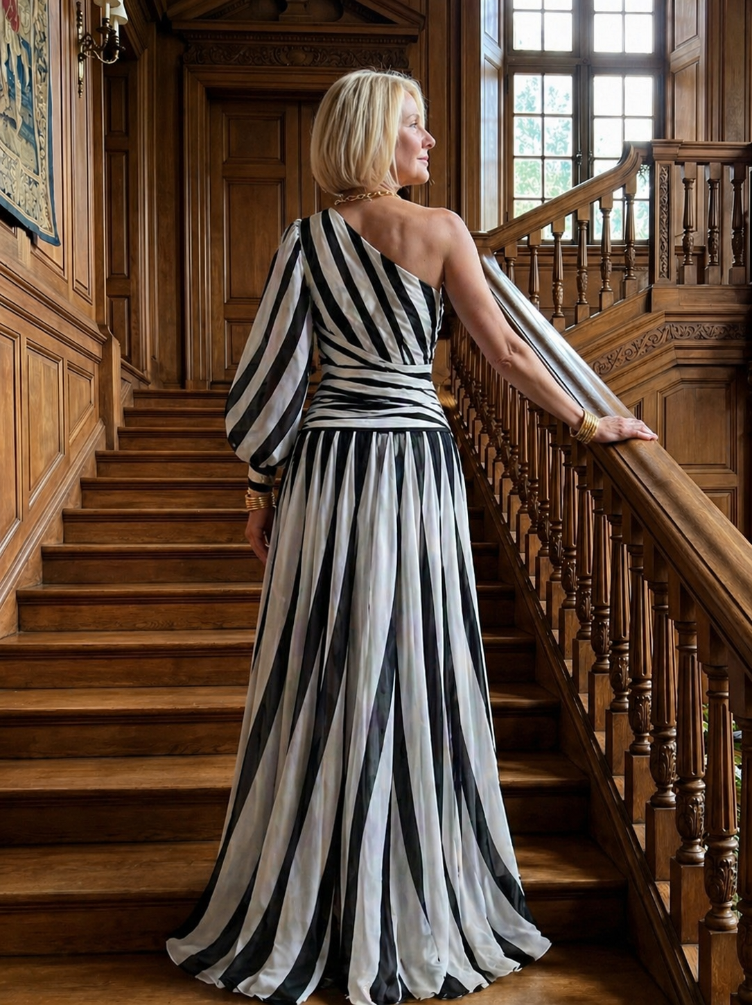 Isis |Elegant Striped Maxi Dress with One Shoulder