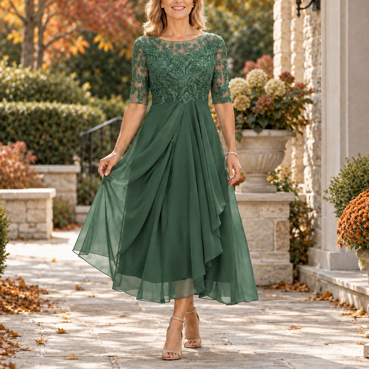 Avilla | Lace Bodice Draped Midi Dress