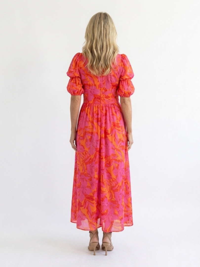 Isabella | Floral V Neck Puff Sleeve Midi Dress