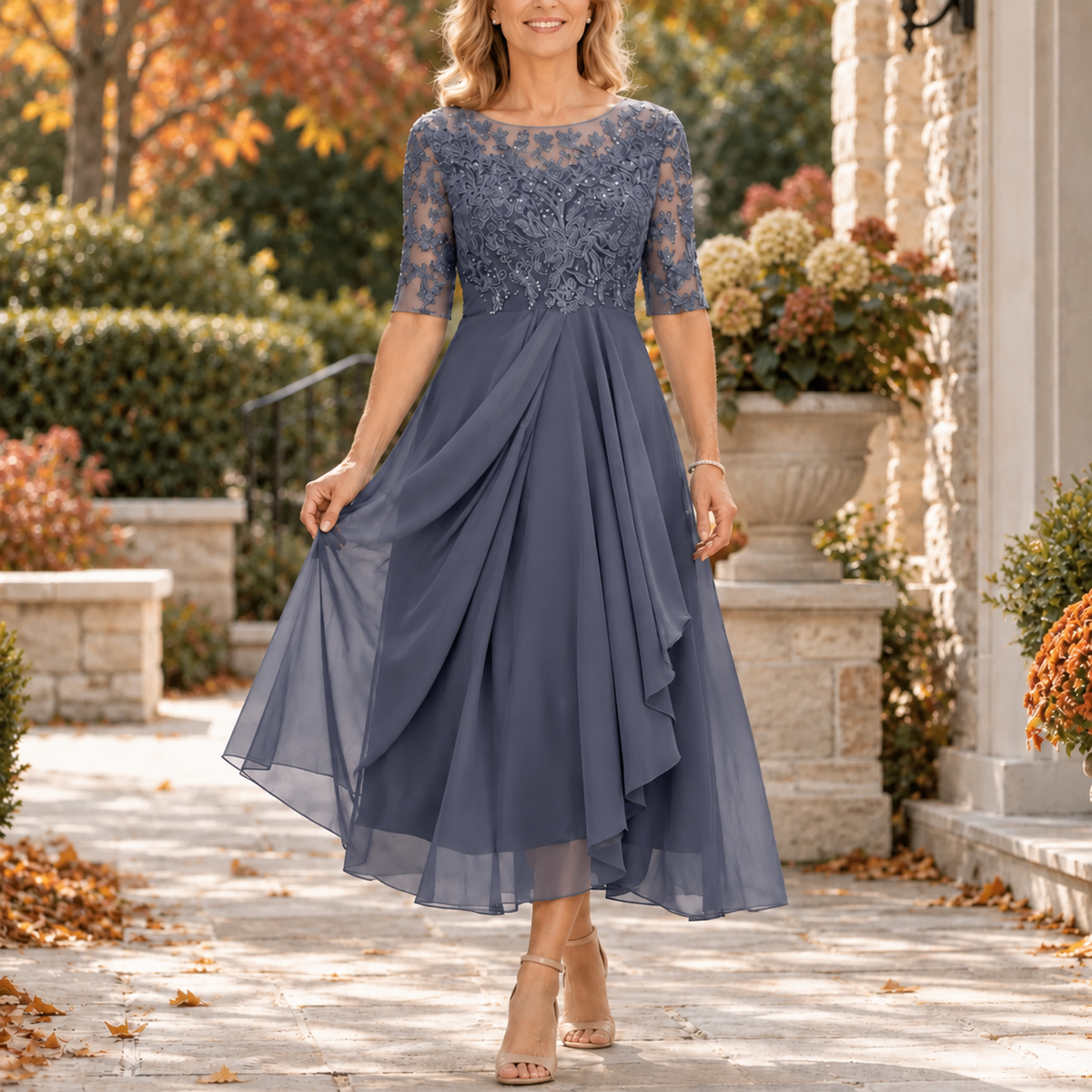 Avilla | Lace Bodice Draped Midi Dress