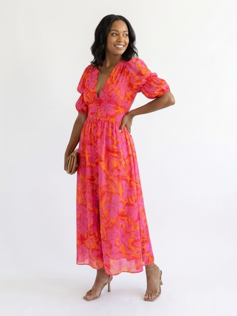 Isabella | Floral V Neck Puff Sleeve Midi Dress