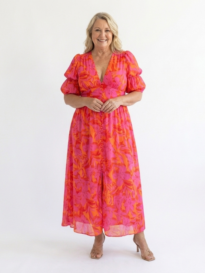 Isabella | Floral V Neck Puff Sleeve Midi Dress