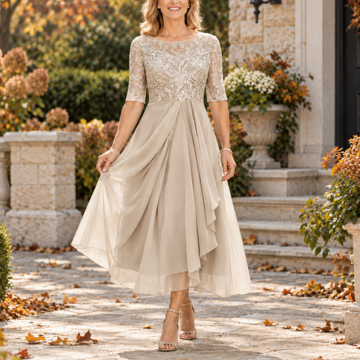 Avilla | Lace Bodice Draped Midi Dress