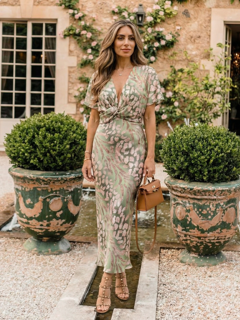 Livia | Abstract Print V Neck Twist Waist Midi Dress