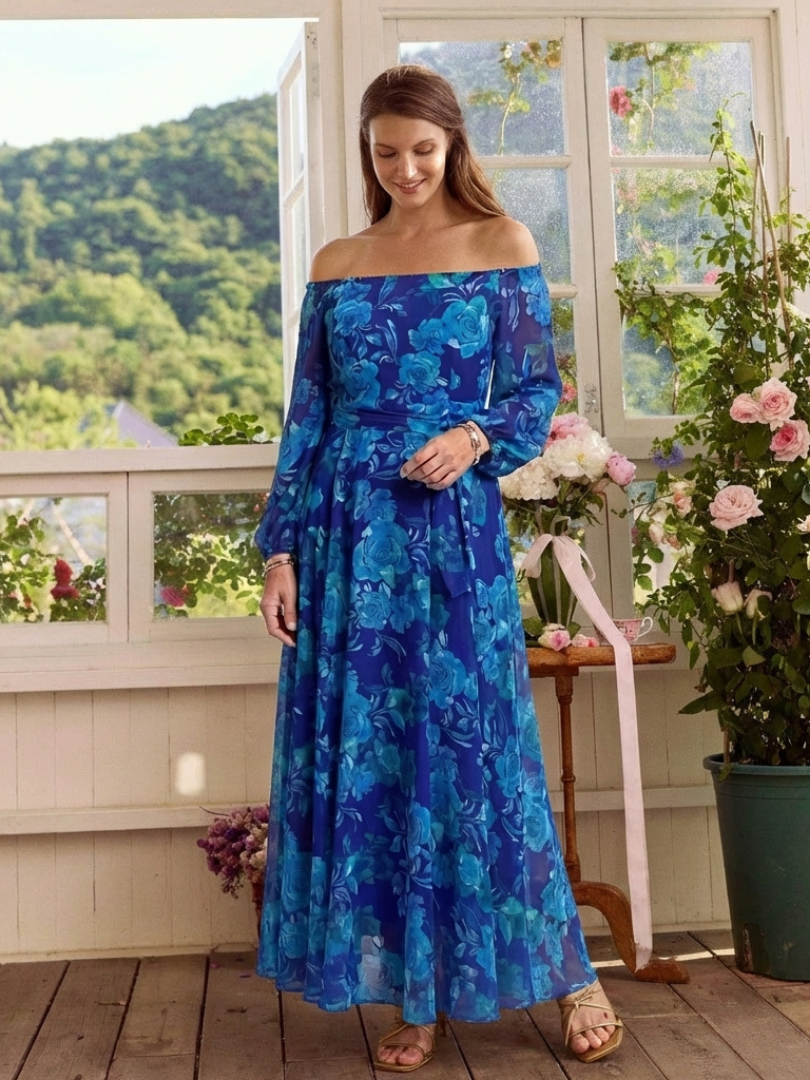 Jade | Robe longue fleurie à épaules dénudées