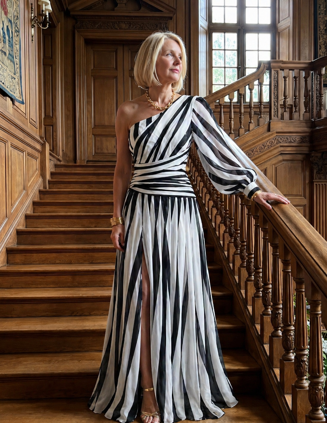 Isis |Elegant Striped Maxi Dress with One Shoulder