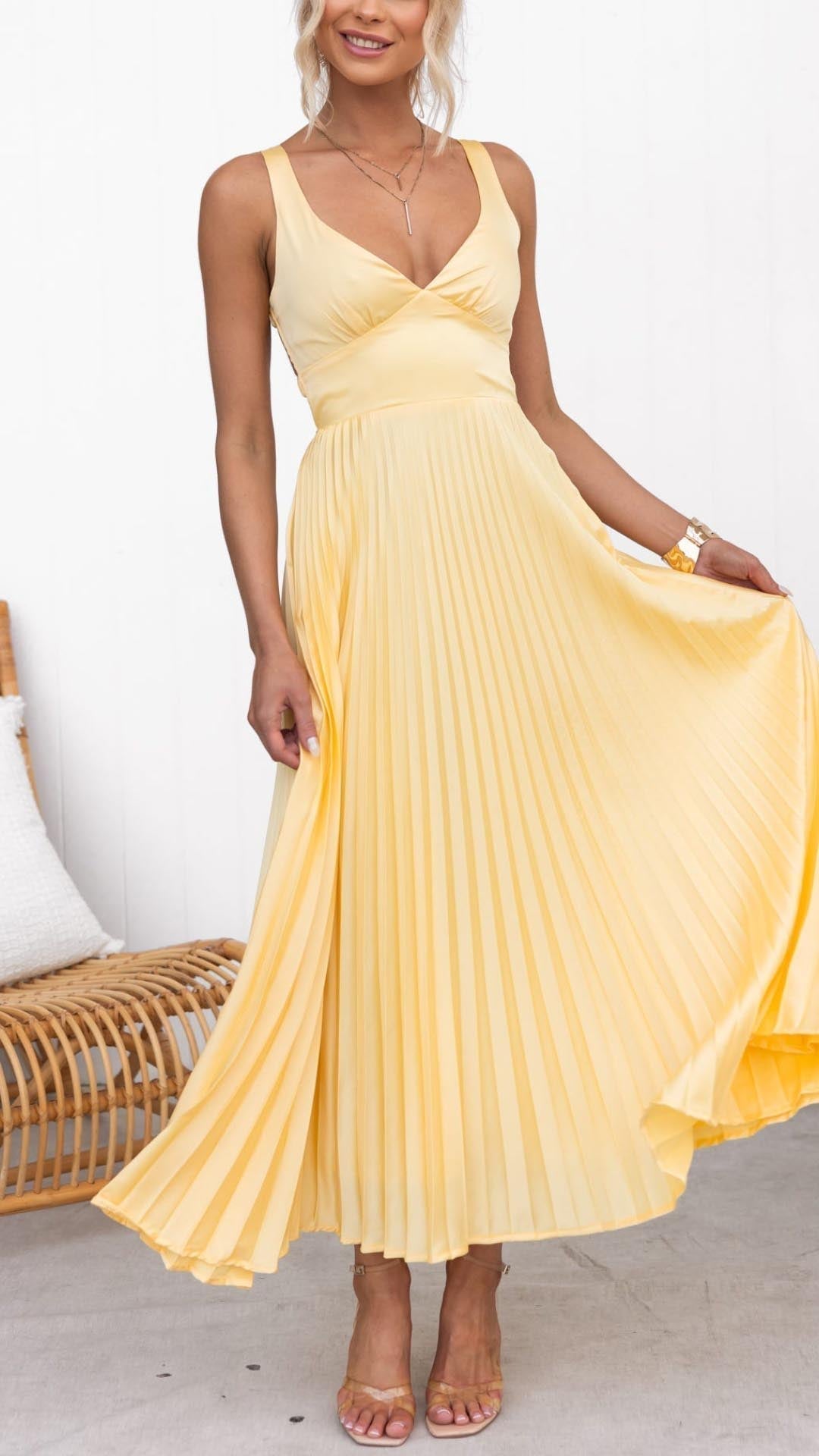 Victoria | Pleated V-Neck Maxi Dress