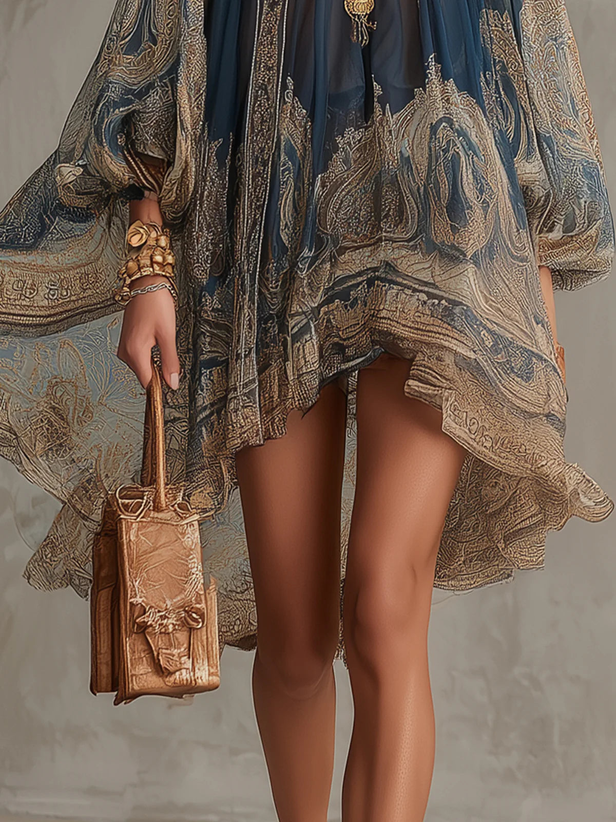 Bérénice | Robe courte asymétrique en mousseline à imprimé baroque bleu marine et col montant