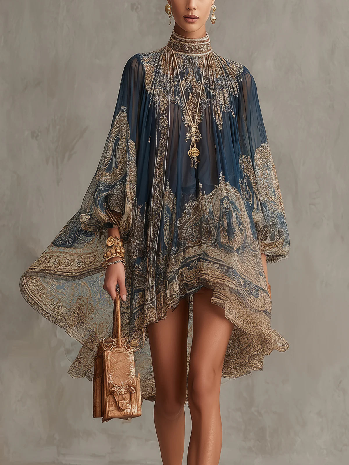 Bérénice | Robe courte asymétrique en mousseline à imprimé baroque bleu marine et col montant
