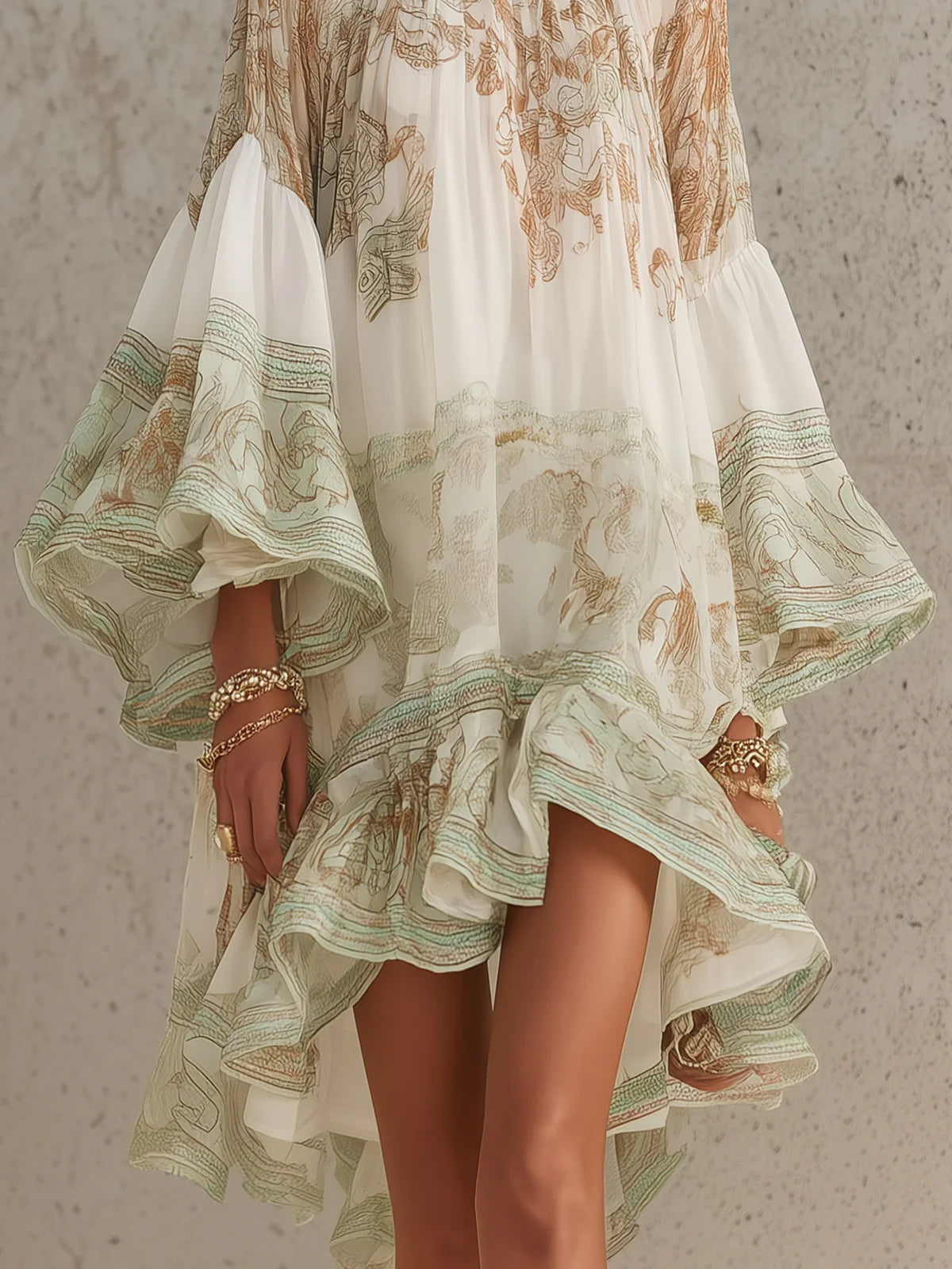 Rosalie | Robe courte en mousseline à manches volantées et ourlet rayé vert