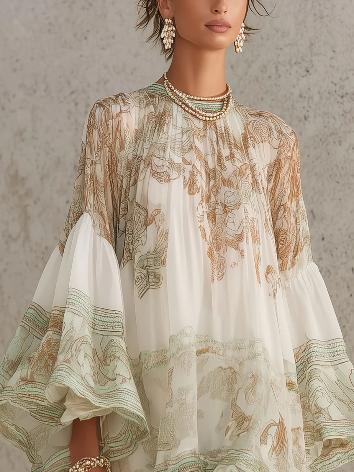 Rosalie | Robe courte en mousseline à manches volantées et ourlet rayé vert