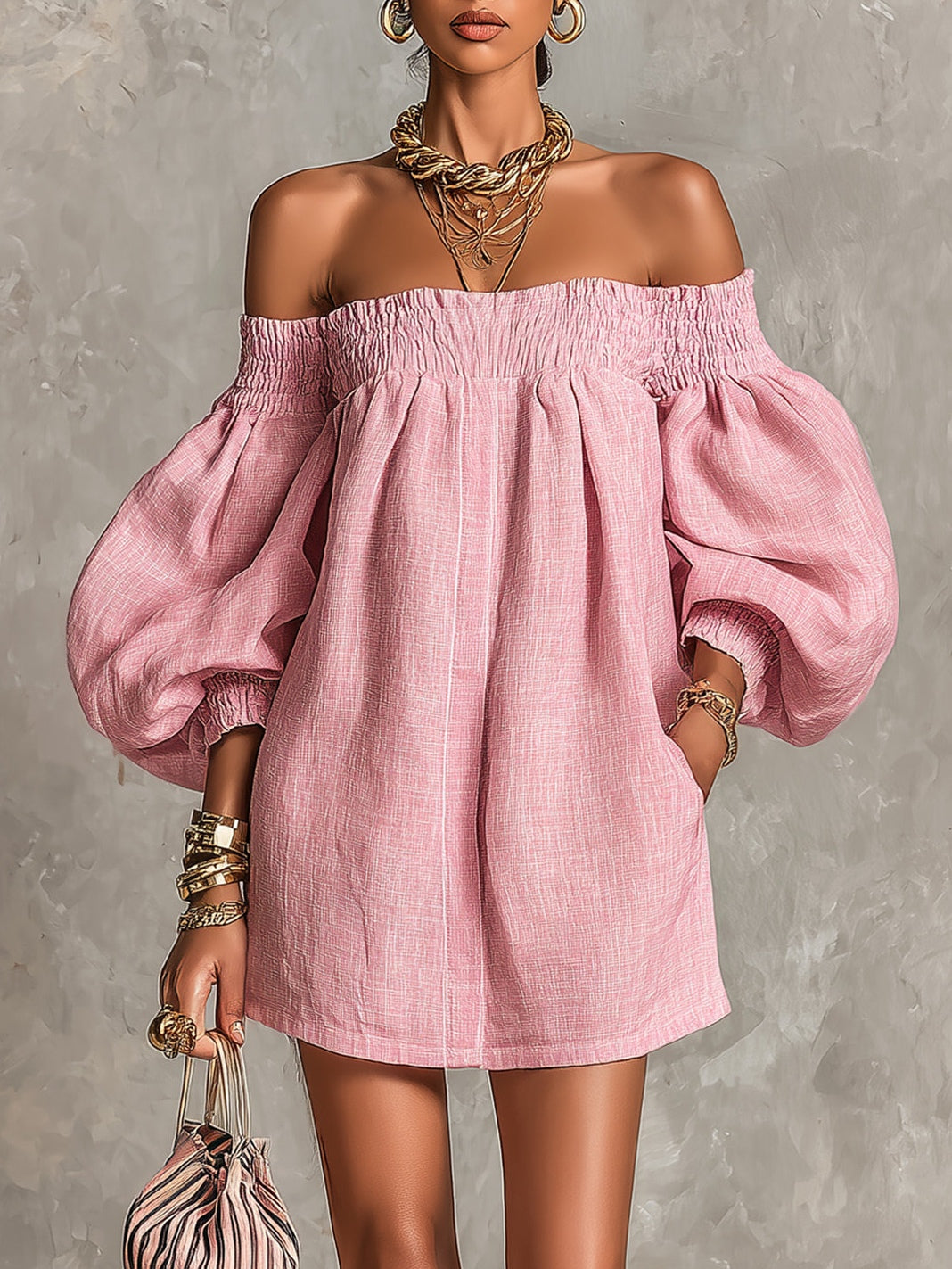 Violette | Robe trapèze courte rose à manches ballon et épaules dénudées