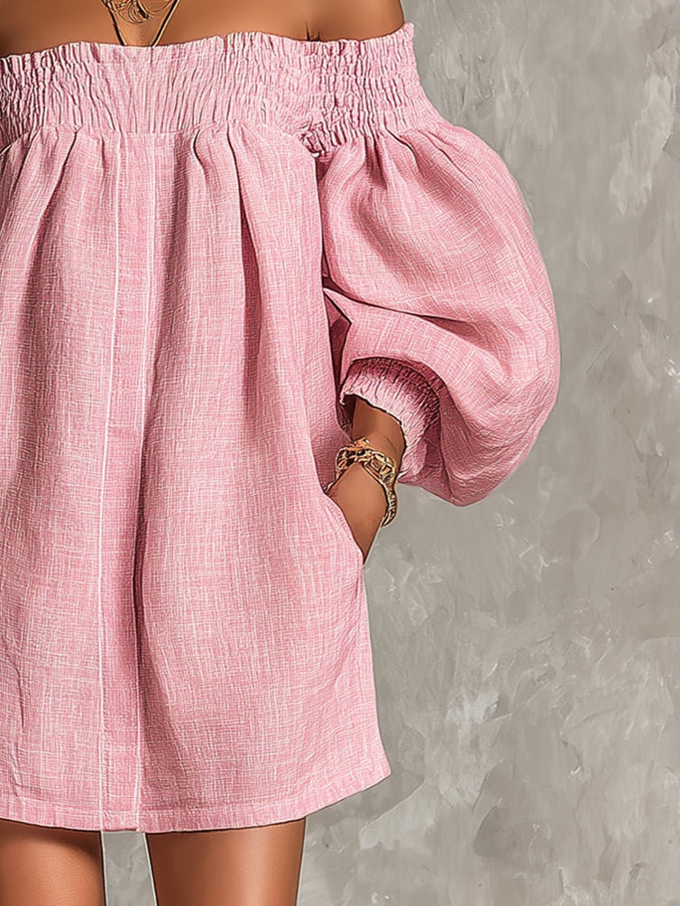 Violette | Robe trapèze courte rose à manches ballon et épaules dénudées