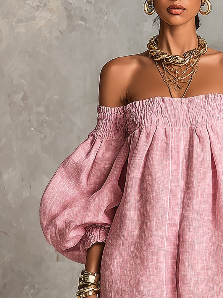 Violette | Robe trapèze courte rose à manches ballon et épaules dénudées