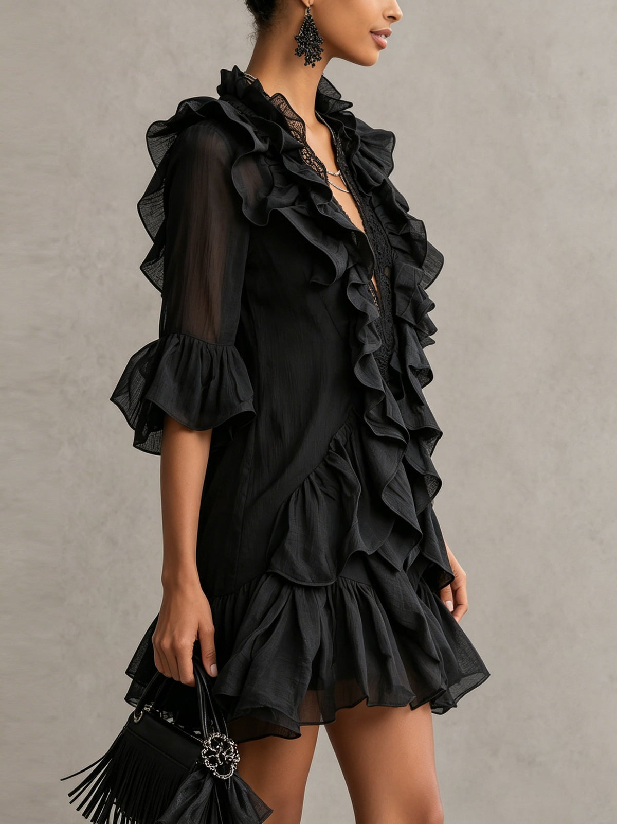 Anaïs | Robe courte à volants en mousseline noire