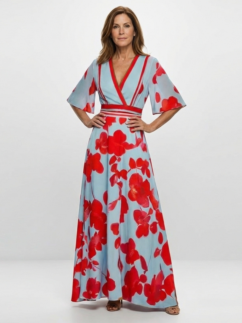 Robe fleurie à col en V et manches courtes