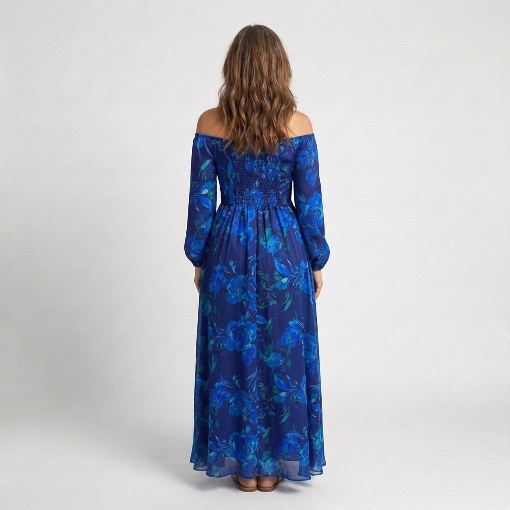 Jade | Robe longue fleurie à épaules dénudées